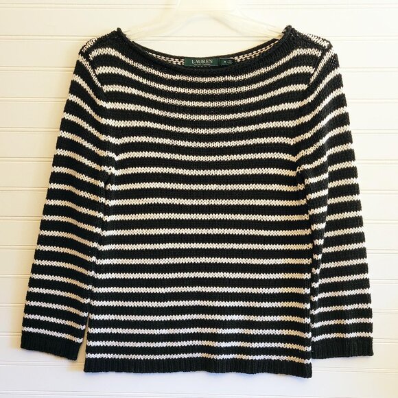 Lauren Ralph Lauren Sweater Womens Medium Black White Stripe Pullover Boatneck - Picture 1 of 9